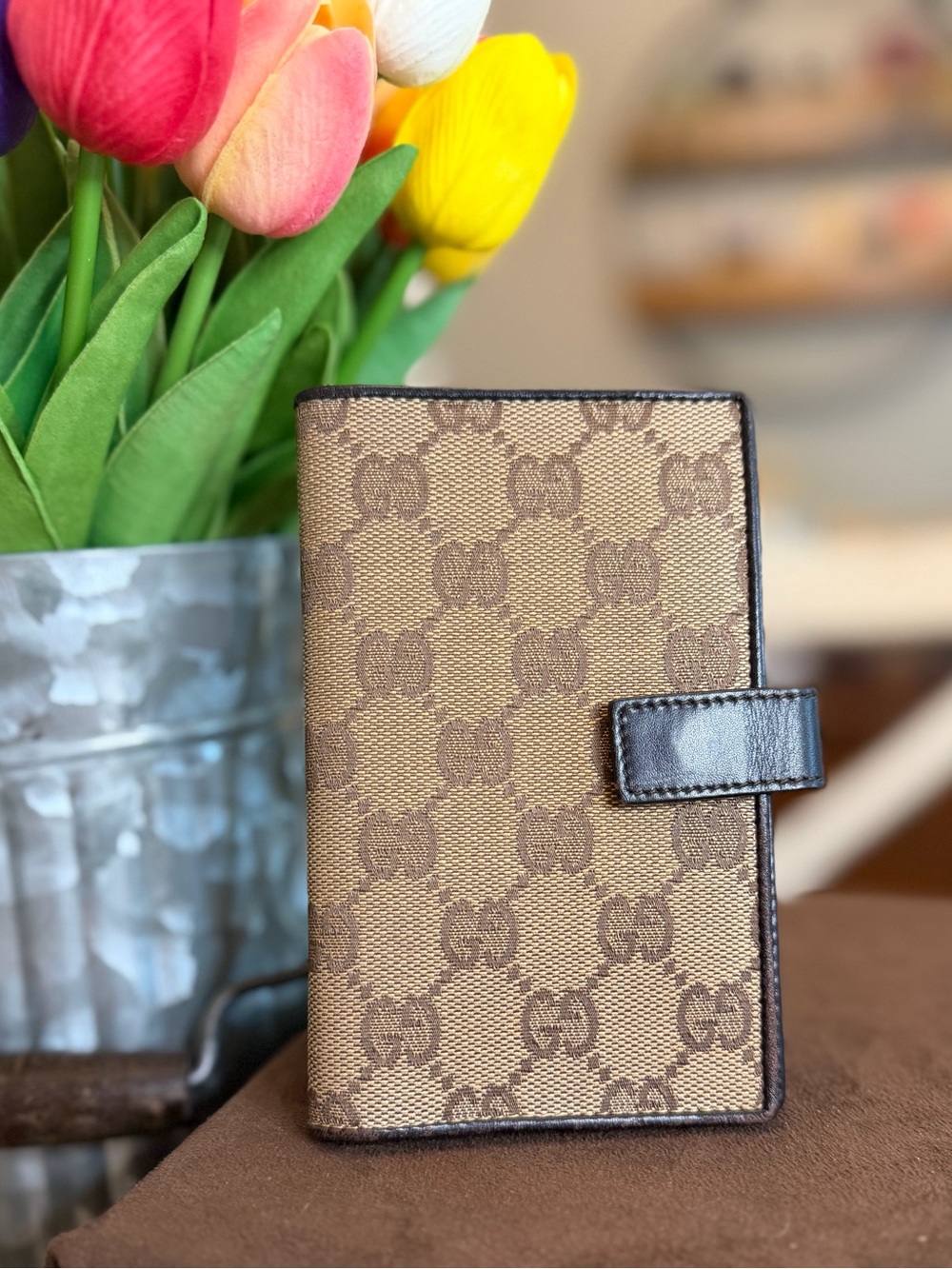 Gucci Brown Monogram Leather-Trim Passport Holder